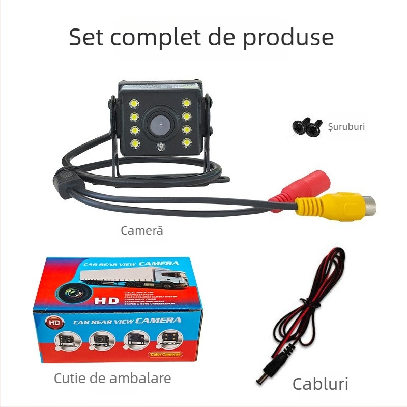 Cameră de recul HD pentru autobuze și camioane, 24V, reglabilă la 180°, rezoluție 1024x768