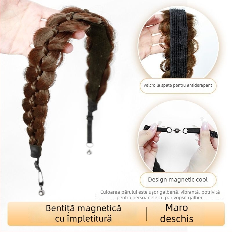 Bandă magnetică pentru păr cu împletitură tip coadă de pește, perucă integrată, păr împletit lung, coafură inspirată de influenceri, diademă înaltă