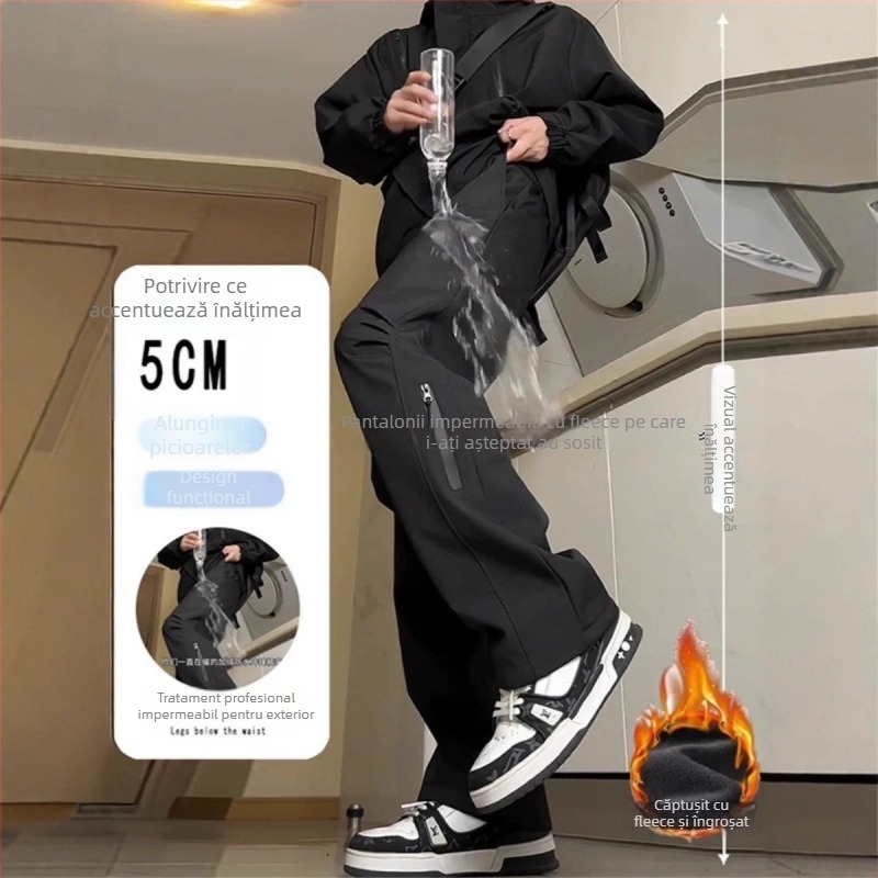Pantaloni bărbați softshell impermeabili, căptușiți cu fleece, pentru toamnă-iarnă, croială drept-slim, rezistenți la vânt și calzi, casual pentru exterior