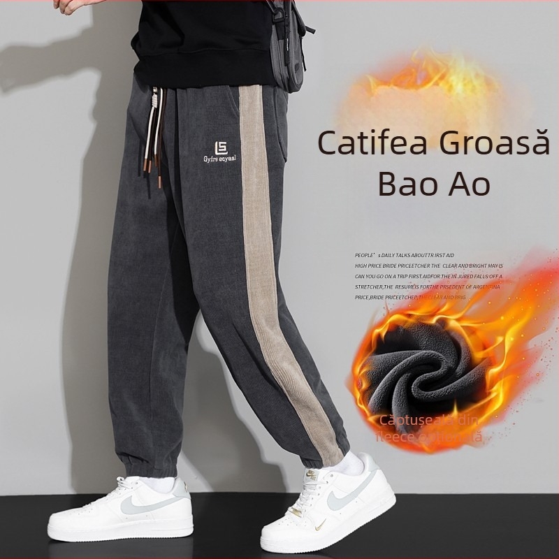 Pantaloni de lucru corduroy, căptuți cu fleece, talie elastă cu șnur, plus-size, durabili pentru toamnă și iarnă