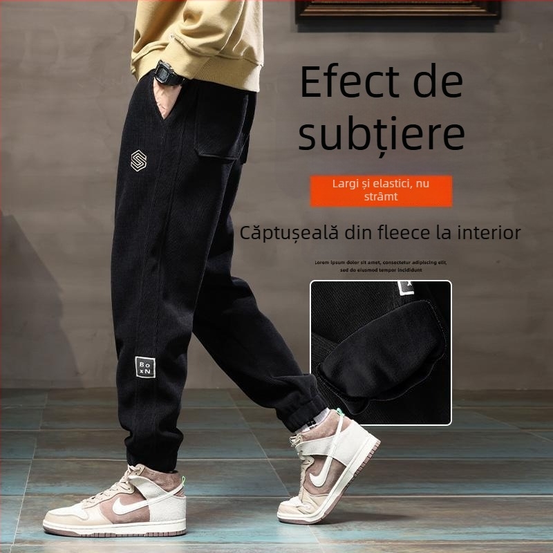 Pantaloni bărbați corduroy, căptușiți cu fleece – calzi toamnă/iarnă, broderie, stil casual