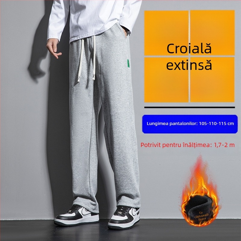 Pantaloni de iarnă pentru bărbați, căptuțiți cu fleece, lungi, largi, croială drept, pantaloni sport casual