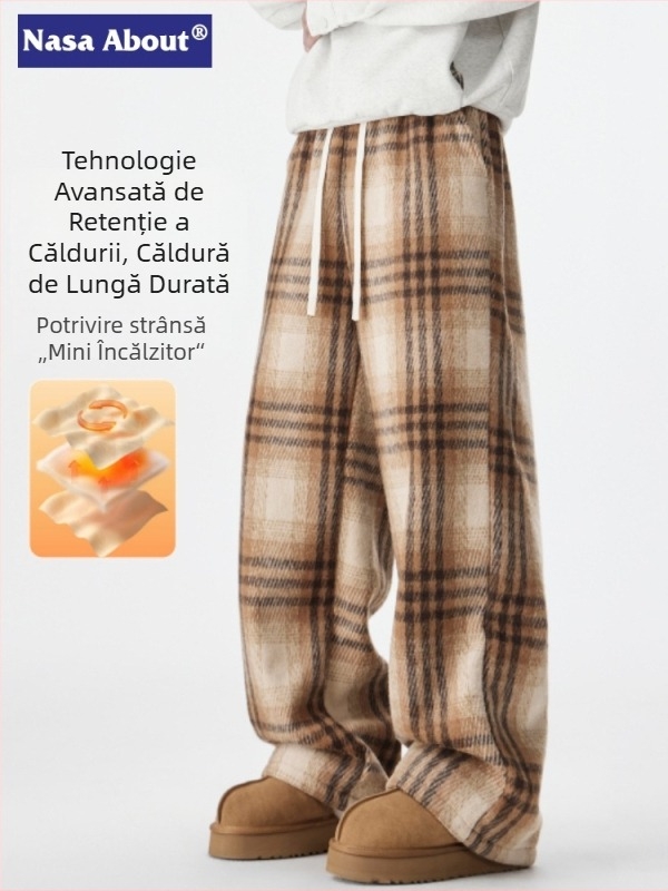 NASA pantaloni casual pentru bărbați, în carouri, iarnă caldă, croială dreaptă lejeră