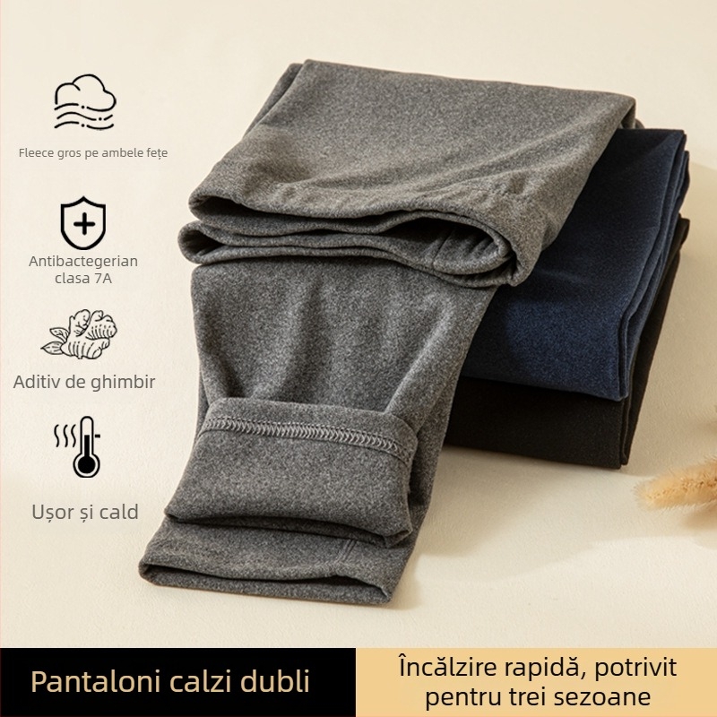 Pantaloni termici antibacterieni pentru bărbați, căptușiți cu fleece, talie medie, groși, cu elasticitate ridicată, croială slim.