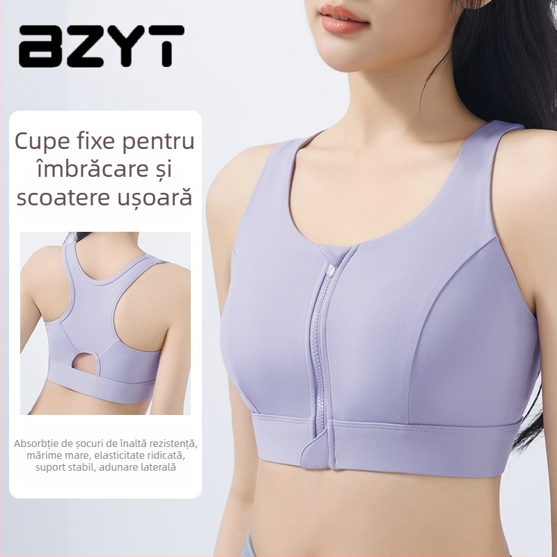 Sutien sport cu fermoar frontal, suport înalt, absorbție a șocurilor, modelare a spatelui, fără sârmă, plus size