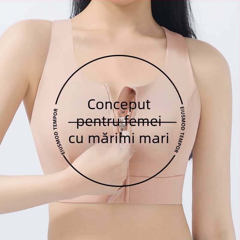 Sutien sport cu fermoar frontal, suport înalt, absorbție a șocurilor, modelare a spatelui, fără sârmă, plus size