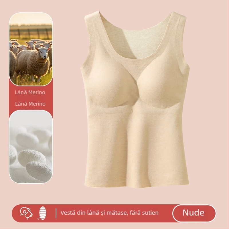 Vesta termică din lână și mătase pentru femei, guler rotund, cu padding încorporat pentru bust, căptușită cu fleece, fără cusături, strat de bază interior