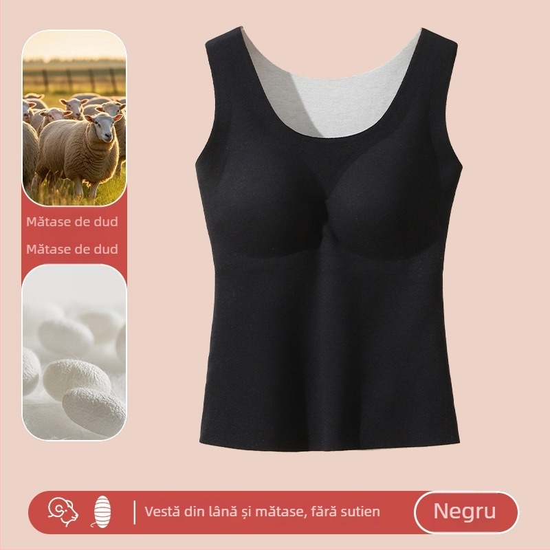Vesta termică din lână și mătase pentru femei, guler rotund, cu padding încorporat pentru bust, căptușită cu fleece, fără cusături, strat de bază interior