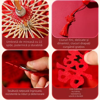 Umbrelă roșie de nuntă pentru fotografie de mireasă, recuzită în stil chinezesc cu motivul bucuriei