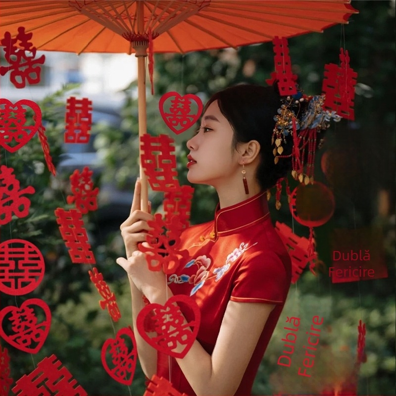 Umbrelă roșie de nuntă pentru fotografie de mireasă, recuzită în stil chinezesc cu motivul bucuriei
