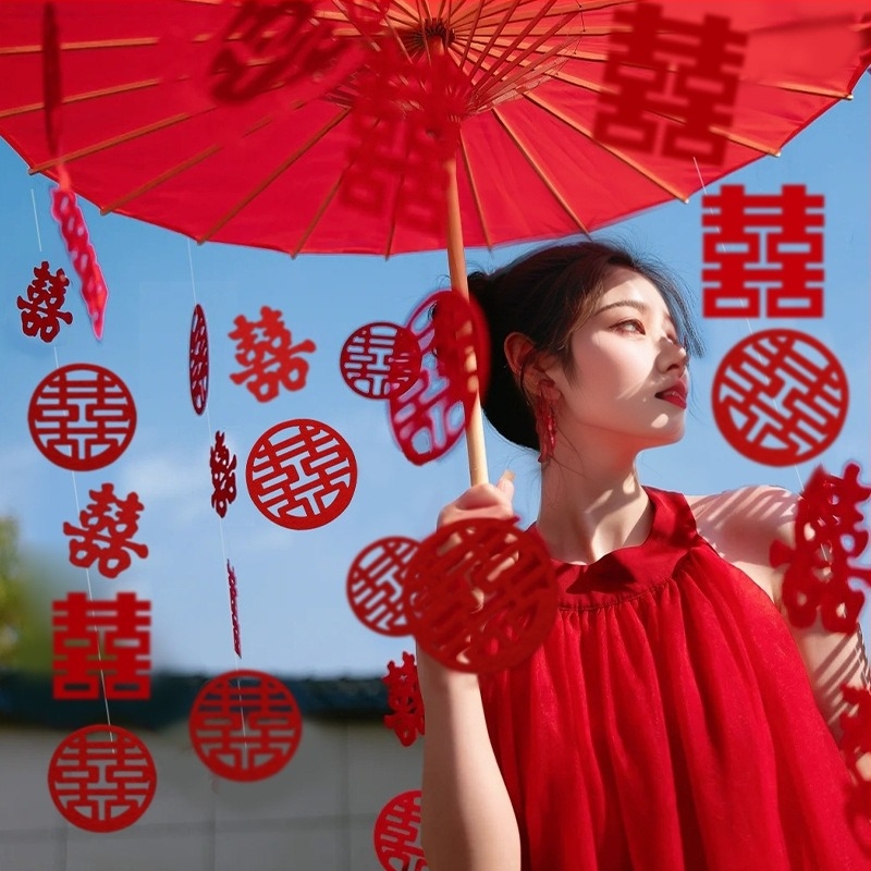 Umbrelă roșie de nuntă pentru fotografie de mireasă, recuzită în stil chinezesc cu motivul bucuriei