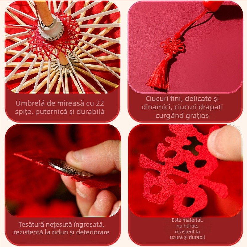 Umbrelă roșie de nuntă pentru fotografie de mireasă, recuzită în stil chinezesc cu motivul bucuriei