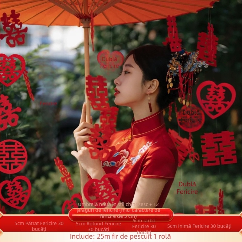 Umbrelă roșie de nuntă pentru fotografie de mireasă, recuzită în stil chinezesc cu motivul bucuriei