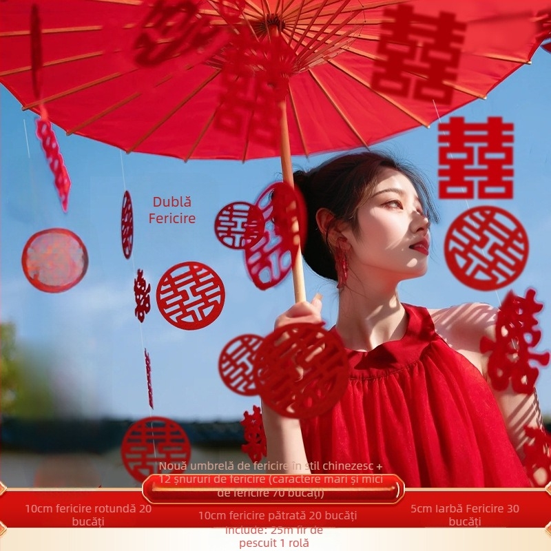Umbrelă roșie de nuntă pentru fotografie de mireasă, recuzită în stil chinezesc cu motivul bucuriei