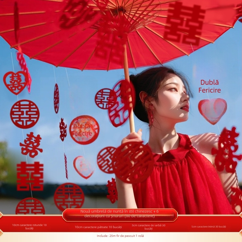 Umbrelă roșie de nuntă pentru fotografie de mireasă, recuzită în stil chinezesc cu motivul bucuriei