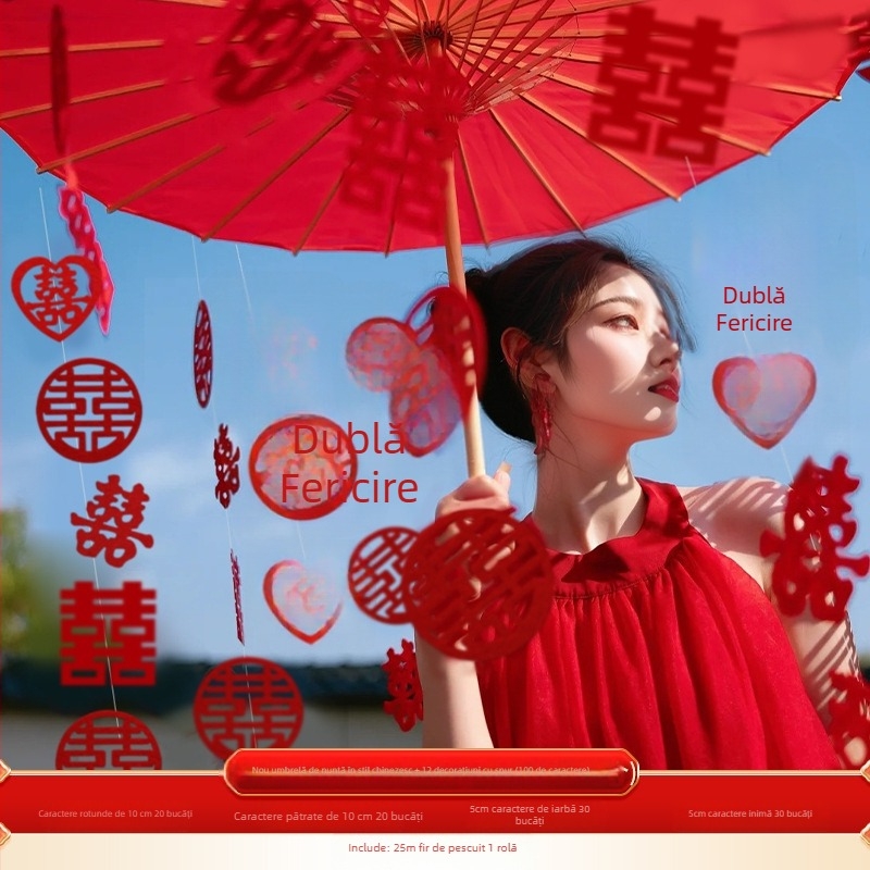 Umbrelă roșie de nuntă pentru fotografie de mireasă, recuzită în stil chinezesc cu motivul bucuriei