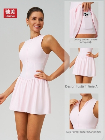 Rochie cu aspect de două piese, guler înalt, cu șorți încorporați, fustă tenis în stil A, pentru alergare în aer liber, țesătură nylon cu aspect de nor 9094