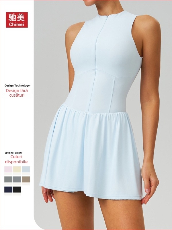 Rochie cu aspect de două piese, guler înalt, cu șorți încorporați, fustă tenis în stil A, pentru alergare în aer liber, țesătură nylon cu aspect de nor 9094