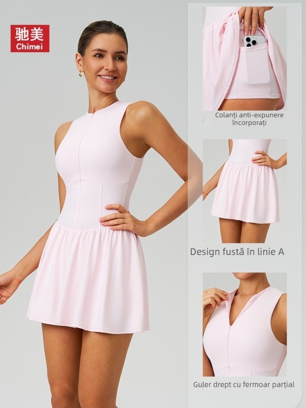 Rochie cu aspect de două piese, guler înalt, cu șorți încorporați, fustă tenis în stil A, pentru alergare în aer liber, țesătură nylon cu aspect de nor 9094