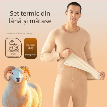 Set termic bărbătesc din lână și mătase, căptușit cu fleece, top și pantaloni pentru iarnă