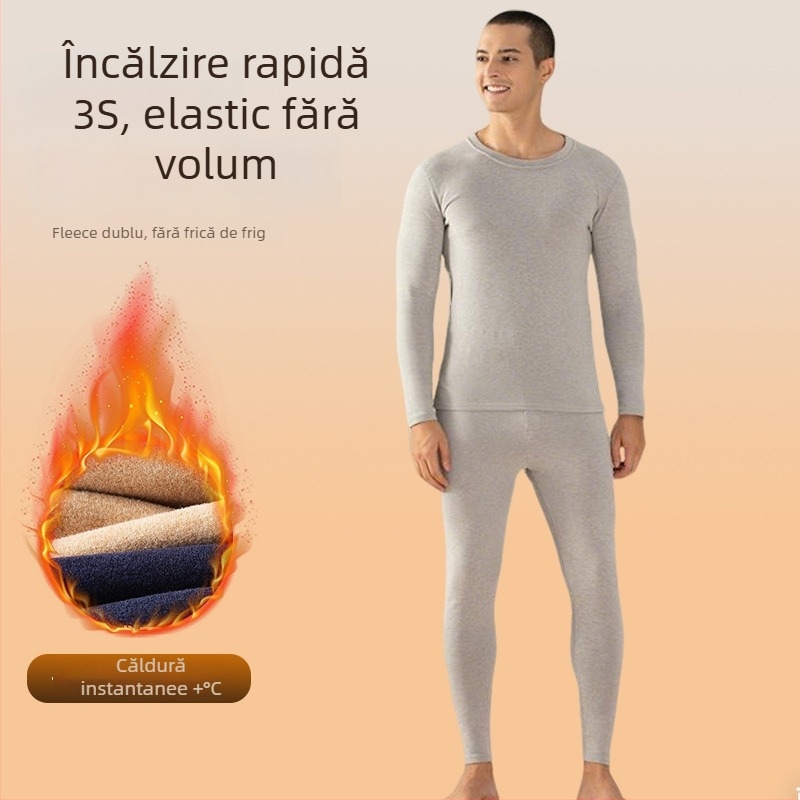 Set termic bărbătesc din lână și mătase, căptușit cu fleece, top și pantaloni pentru iarnă