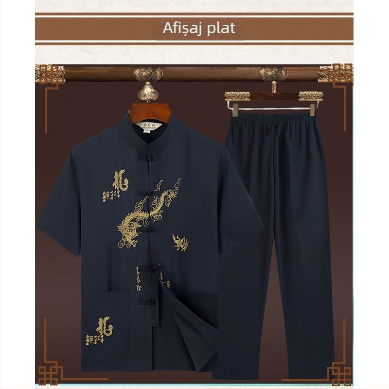 Compleu de vară pentru bărbați de vârstă mijlocie și peste, top cu mânecă scurtă și guler înalt în stil Tang, inspirat Hanfu