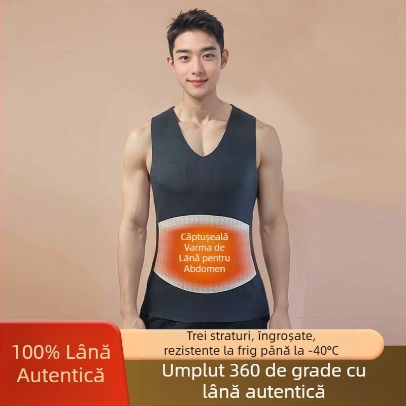 Vesta termică din lână pentru bărbați, căptușită cu fleece, trei straturi, potrivită pentru purtare ca îmbrăcăminte de exterior