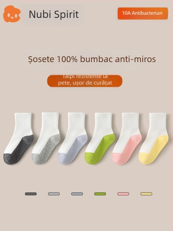 Șosete albe pentru copii, 100% bumbac, tip A, anti miros, absorbante, fără cusături, lungime medie, unisex, pentru școală