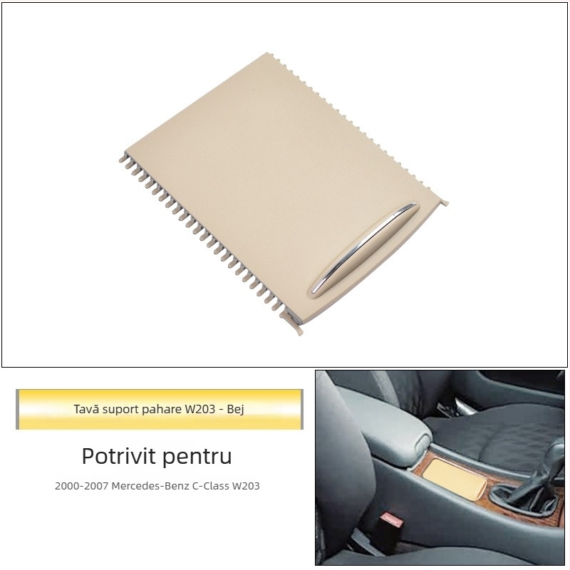 Mercedes-Benz Clasa C W203 – suport pentru pahare în consola centrală cu plăcuță de tragere și capac fermoar (C260/C280)