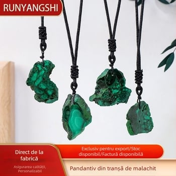 Malahit natural, piatră brută, pandantiv cu felie neregulată, lanț țesut manual pentru pulover