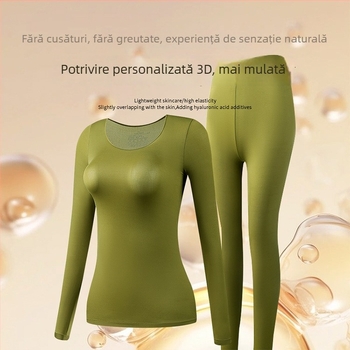 Set de bază termic ultra-subțire pentru femei, cu acid hialuronic pentru hidratarea pielii, tricou fără cusături cu mânecă lungă și pantaloni lungi, croială slim-fit, cald