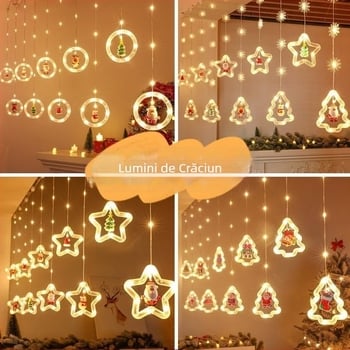 Crăciun LED perdea decorativă cu motive stele și inel, 3 m, 120 LED, alimentare USB, IP44, telecomandă pentru reglarea luminozității, alb cald 3000K