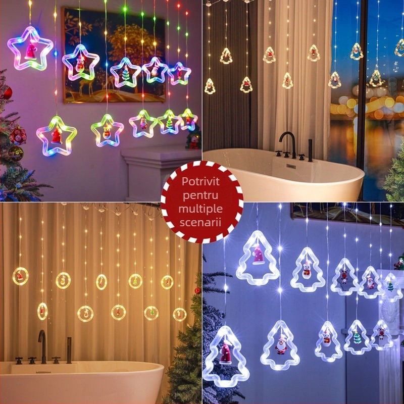 Crăciun LED perdea decorativă cu motive stele și inel, 3 m, 120 LED, alimentare USB, IP44, telecomandă pentru reglarea luminozității, alb cald 3000K