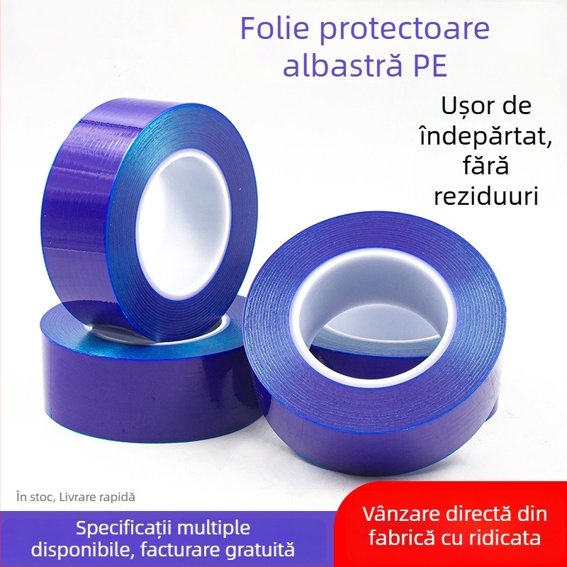 Bandă protectoare din PE albastră, fără reziduuri, pentru uși și ferestre din oțel inoxidabil și accesorii metalice; protecție împotriva prafului și zgârieturilor
