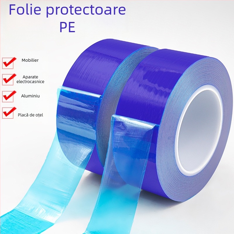 Bandă protectoare din PE albastră, fără reziduuri, pentru uși și ferestre din oțel inoxidabil și accesorii metalice; protecție împotriva prafului și zgârieturilor