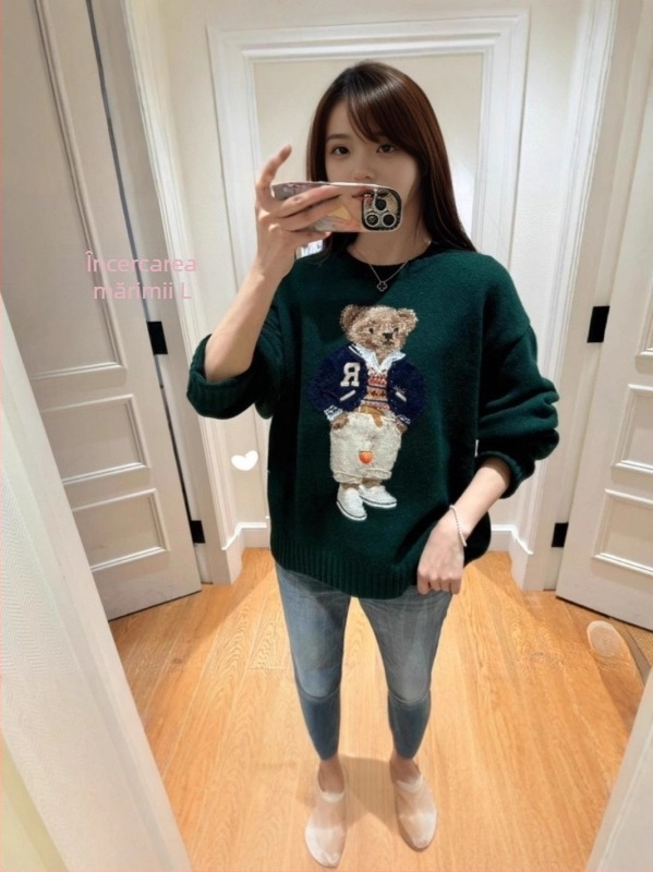 Pulover damă cu glugă, broderie cu ursuleț și motiv desen animat, tricot din lână, mâneci lungi