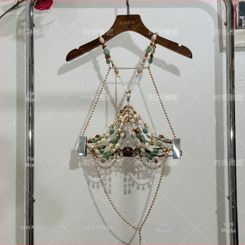 Top halter cu mărgele și lanț corp – pentru femei, stil drăguț, proaspăt și dulce; 50–70% conținut material principal, Material: Altul, Sex: Feminin