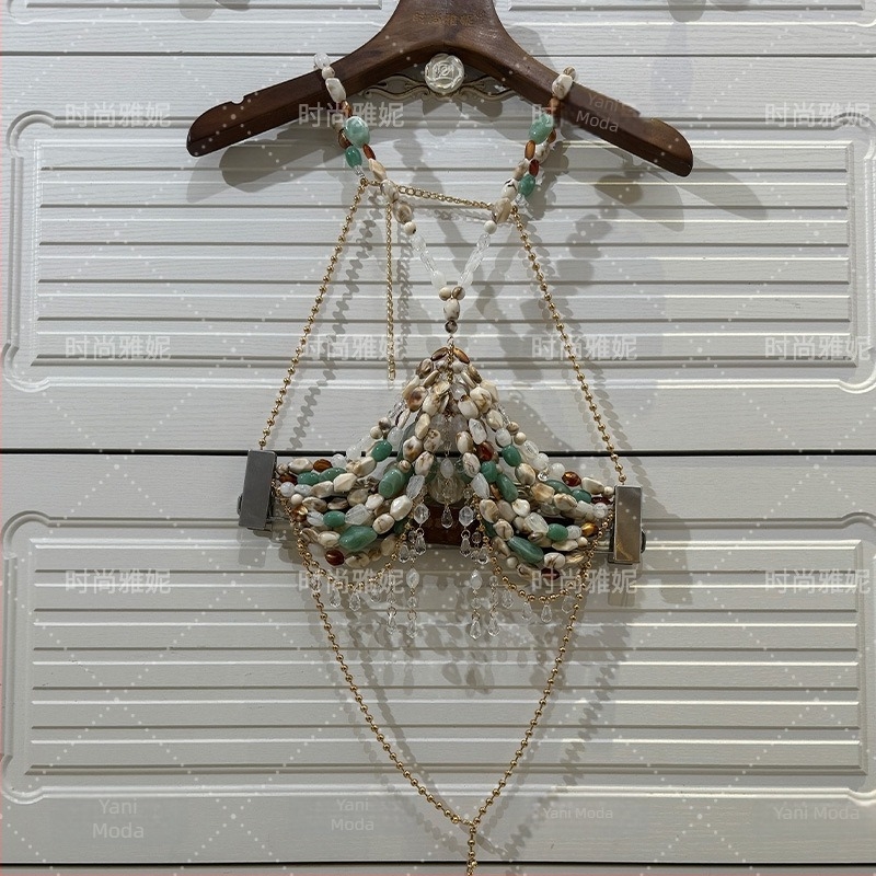 Top halter cu mărgele și lanț corp – pentru femei, stil drăguț, proaspăt și dulce; 50–70% conținut material principal, Material: Altul, Sex: Feminin