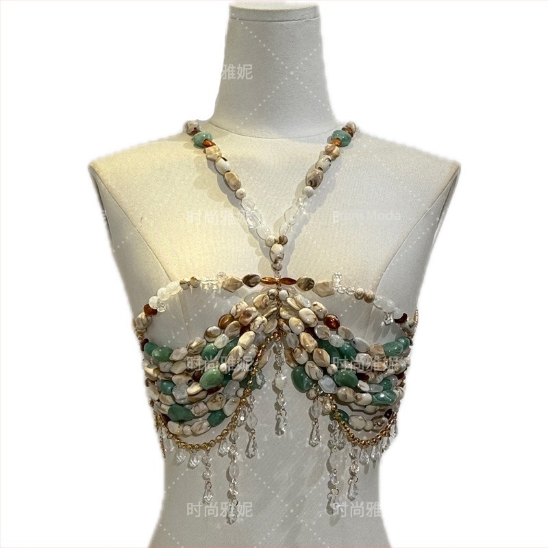 Top halter cu mărgele și lanț corp – pentru femei, stil drăguț, proaspăt și dulce; 50–70% conținut material principal, Material: Altul, Sex: Feminin