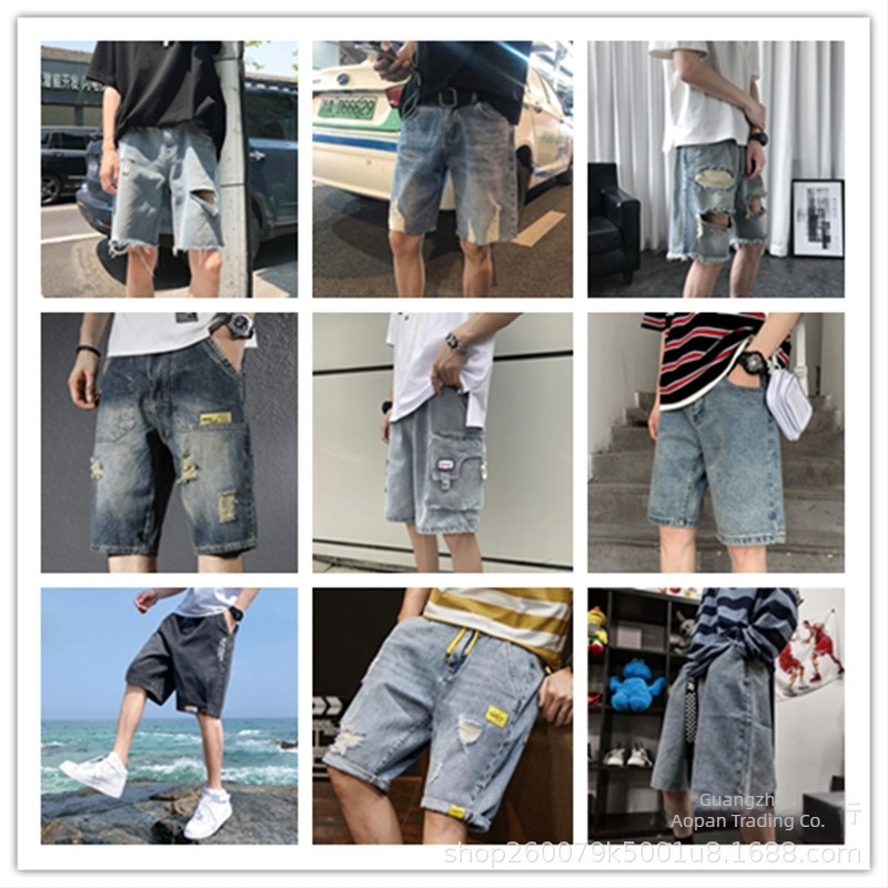 Șorturi denim pentru bărbați, în stil de lucru Hong Kong, croială dreaptă relaxată, lungime capri, bumbac cu micro-elasticitate