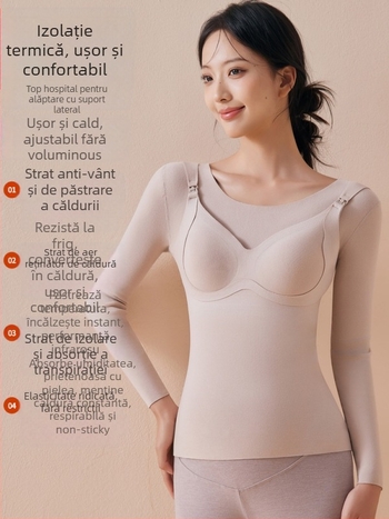 Top termic pentru alăptare cu pernuțe integrate pentru sâni, acces pentru alăptare cu nasturi în față, decolteu rotund, mâneci 3/4, croială slim fit, iarna 2025