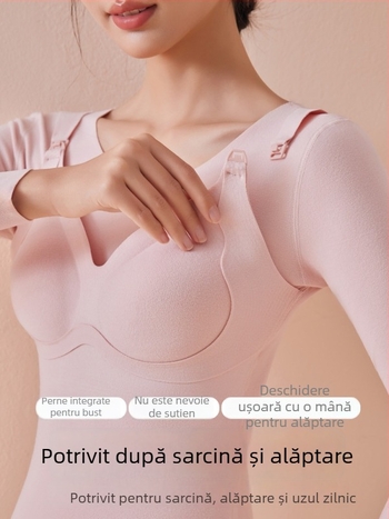 Top termic pentru alăptare cu pernuțe integrate pentru sâni, acces pentru alăptare cu nasturi în față, decolteu rotund, mâneci 3/4, croială slim fit, iarna 2025