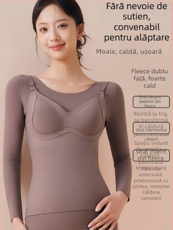 Top termic pentru alăptare cu pernuțe integrate pentru sâni, acces pentru alăptare cu nasturi în față, decolteu rotund, mâneci 3/4, croială slim fit, iarna 2025