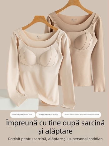 Top termic pentru alăptare cu pernuțe integrate pentru sâni, acces pentru alăptare cu nasturi în față, decolteu rotund, mâneci 3/4, croială slim fit, iarna 2025