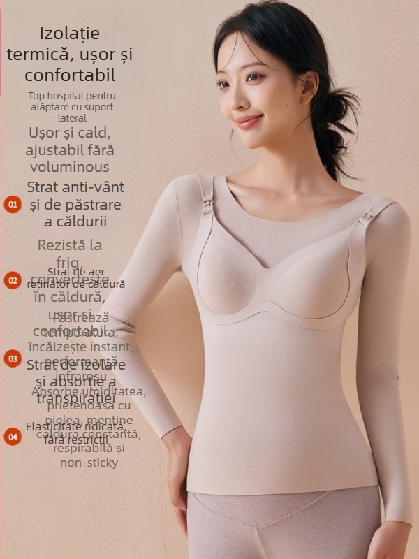 Top termic pentru alăptare cu pernuțe integrate pentru sâni, acces pentru alăptare cu nasturi în față, decolteu rotund, mâneci 3/4, croială slim fit, iarna 2025