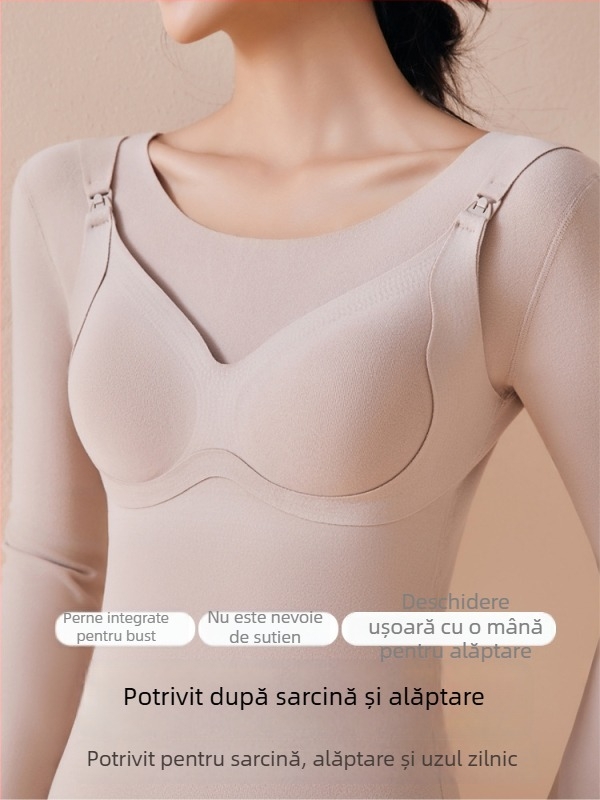 Top termic pentru alăptare cu pernuțe integrate pentru sâni, acces pentru alăptare cu nasturi în față, decolteu rotund, mâneci 3/4, croială slim fit, iarna 2025