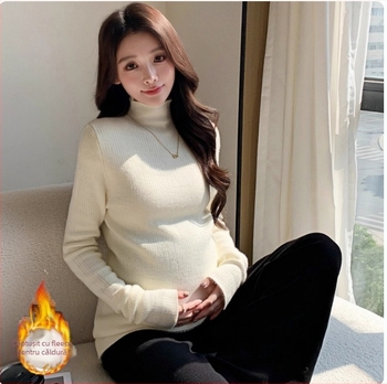 Bluza de maternitate din tricot cu guler înalt, căptușită cu fleece pentru toamnă‑iarna, croială slim