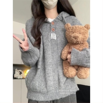 Top de tricot cu glugă pentru femei, stil retro, țesătură TR cu amestec PVC ≤30%, mâneci 3/4