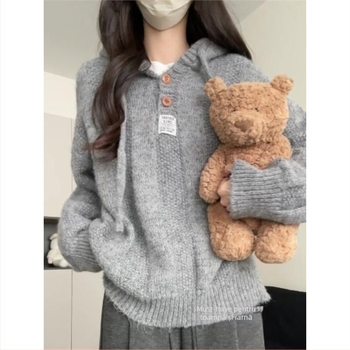 Top de tricot cu glugă pentru femei, stil retro, țesătură TR cu amestec PVC ≤30%, mâneci 3/4