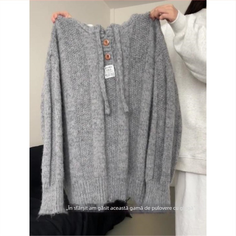 Top de tricot cu glugă pentru femei, stil retro, țesătură TR cu amestec PVC ≤30%, mâneci 3/4